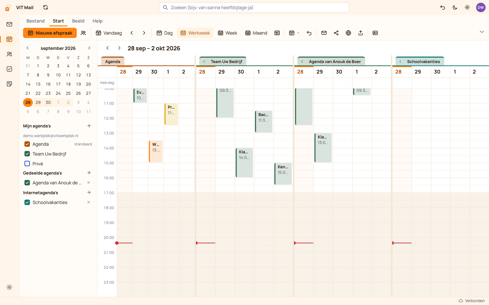 De agenda in VIT Mail met werkweek, teamagenda en gedeelde agenda's