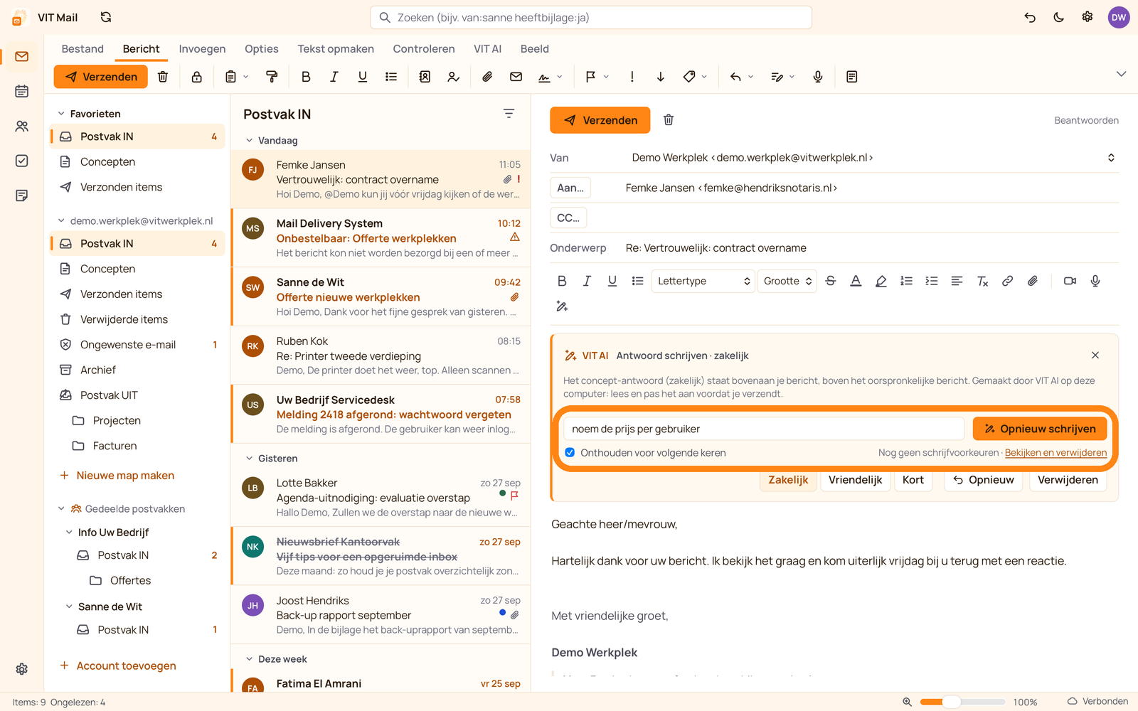 Een zakelijk conceptantwoord schrijven met VIT AI in de lokale VIT Mail-app