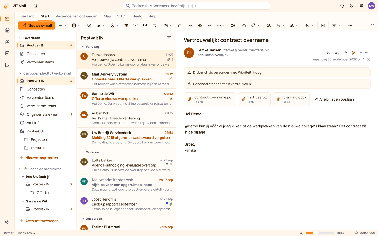De lokale VIT Mail-desktopapp met lint, postvakken en een geopend zakelijk bericht