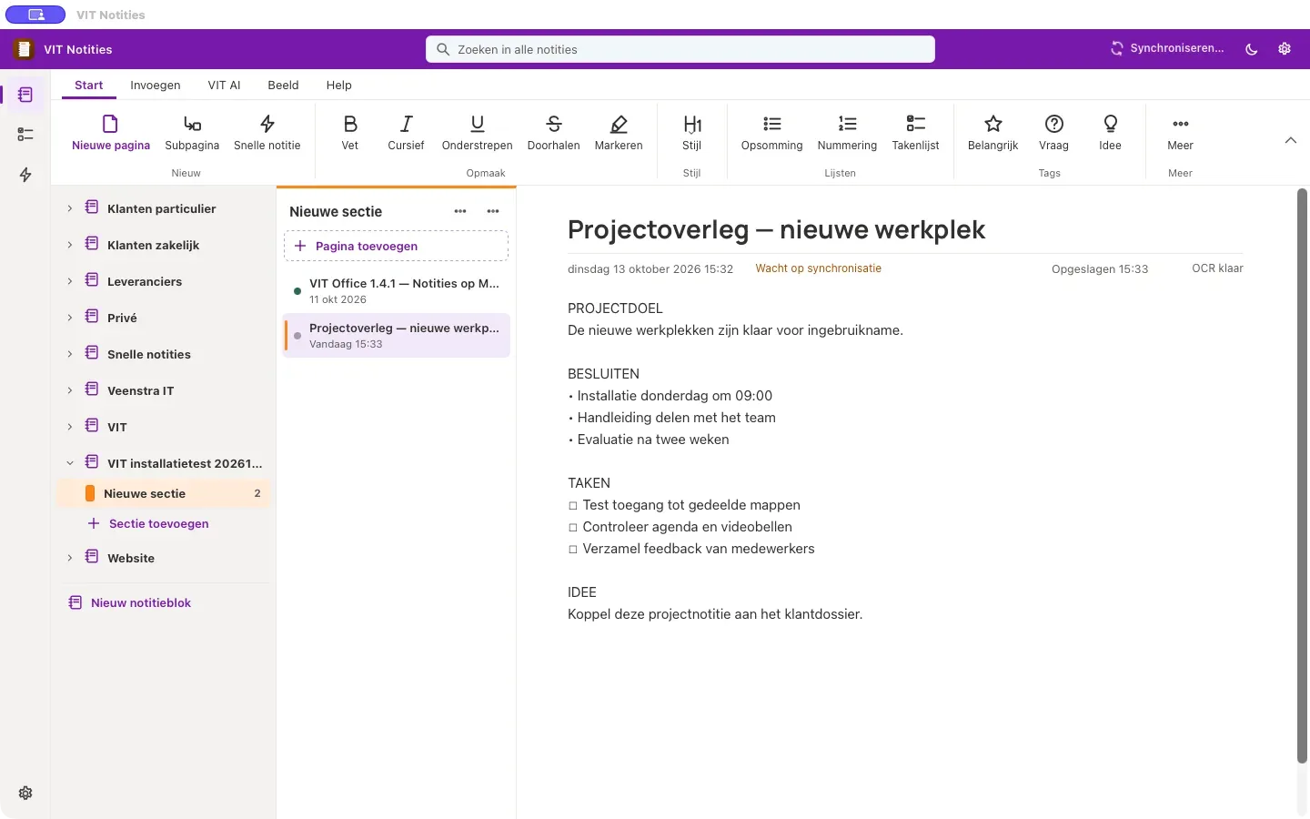 VIT Notities met een projectnotitie, notitieblokken en taken