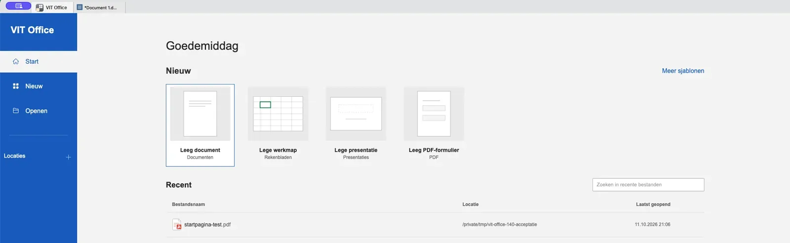 Het VIT Office-startscherm met VIT PDF als onderdeel