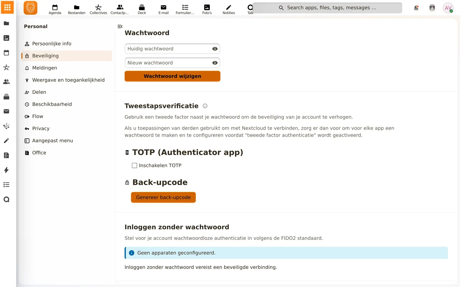 De beveiligingsinstellingen van een account, met tweestapsverificatie en back-upcodes