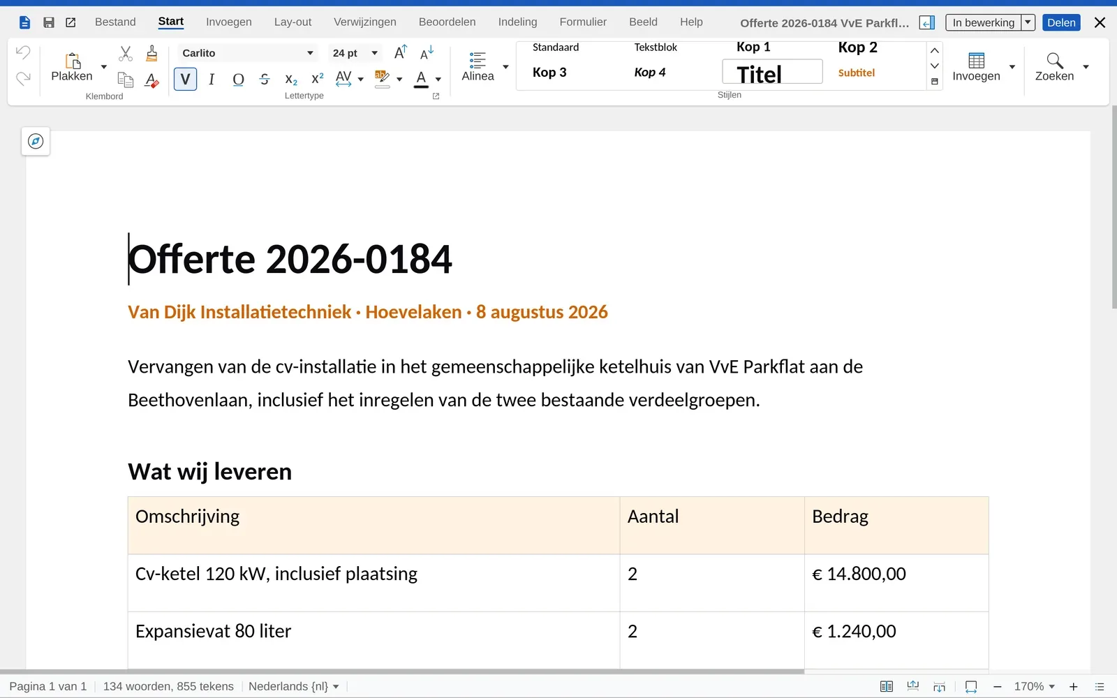 Een offerte open in de tekstverwerker in de browser, met een tabel en opmaakknoppen zoals in Word