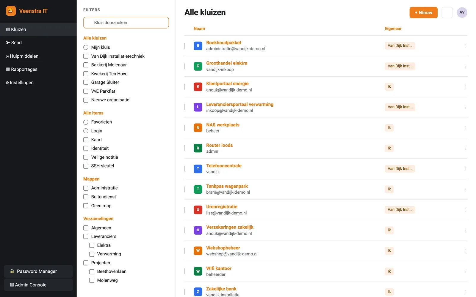 De wachtwoordkluis met mappen per team